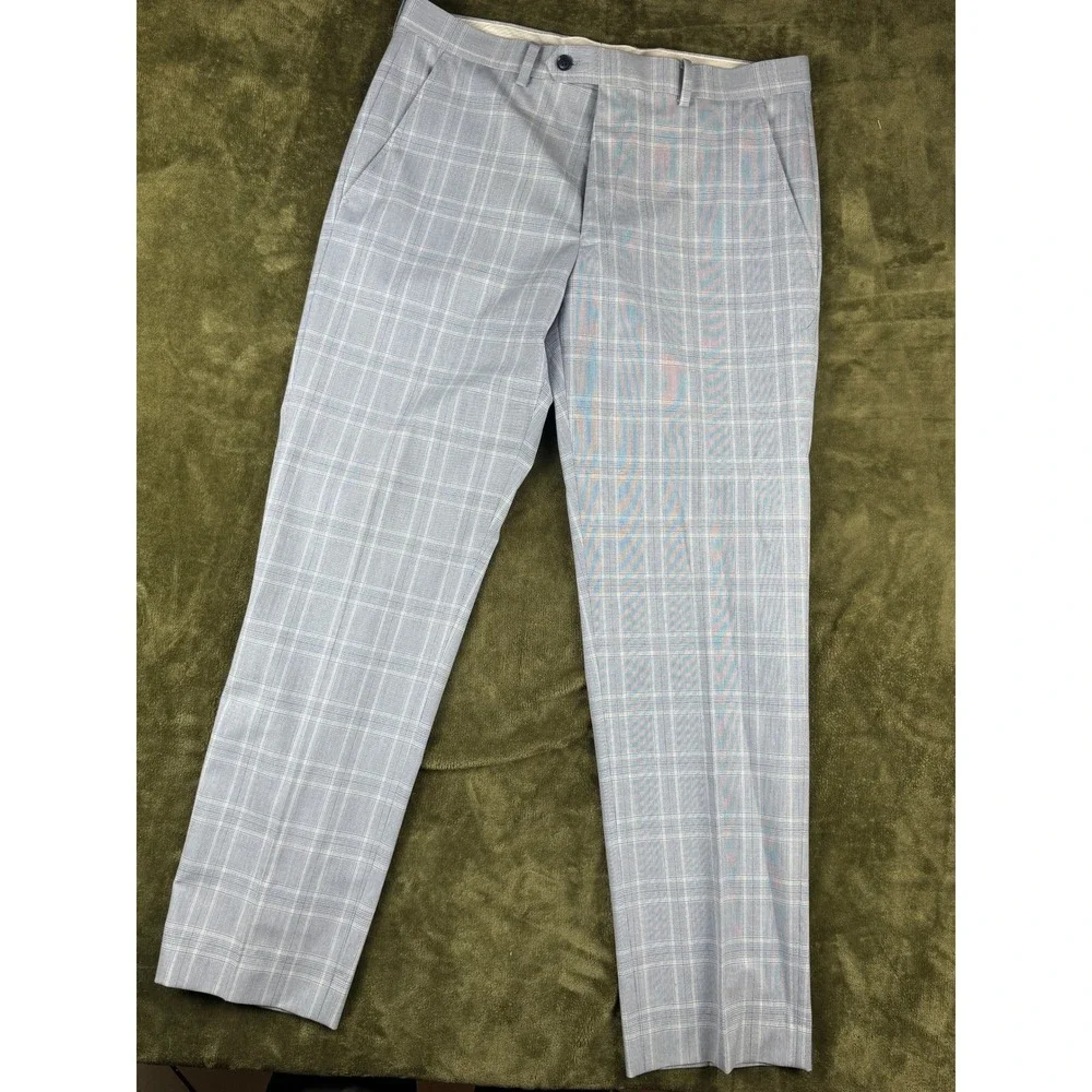 Alfani Slim Fit Dress Pants Mens 33x32 Light Blue Glen Plaid Stretch Trousers
